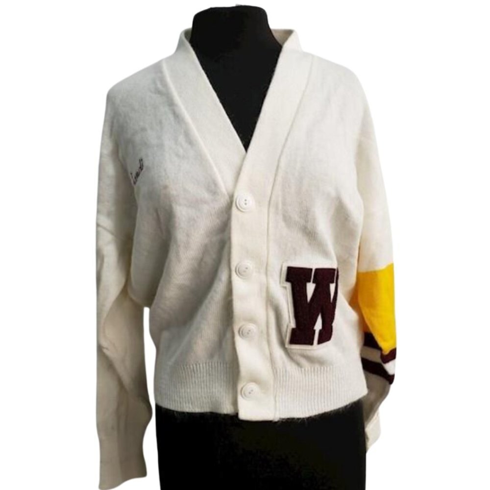 Dehen Knitting Co. White Letterman Sweater Button Front Cardigan Size M Vintage